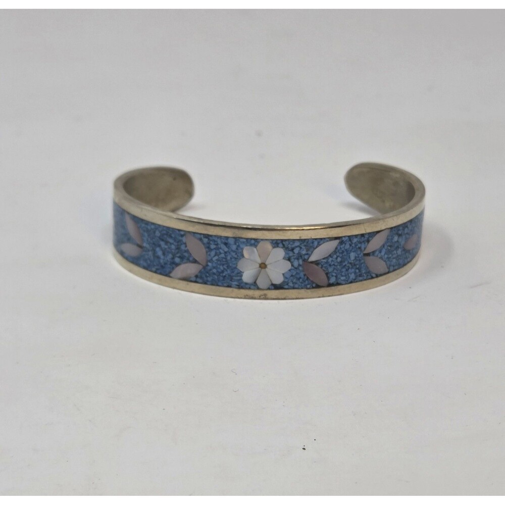Vintage Alpaca Mexico Crushed Turquoise MOP Flower Inlay Cuff Bracelet 1970s